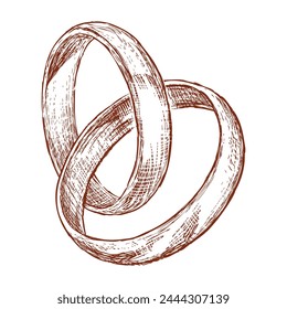 Wedding rings, gold, two, sketch, symbol, love, union, marriage, newlyweds,vector hand drawn illustration isolated on white