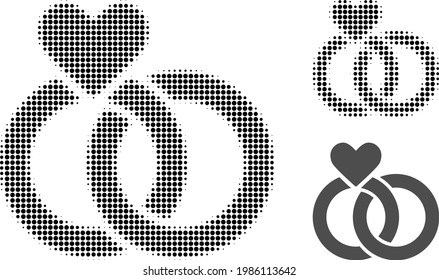 Die Hochzeit klingelt halb gestrichen Symbol. Halftone-Array enthält runde Elemente. Vektorgrafik von Hochzeitsringen Symbol auf weißem Hintergrund.