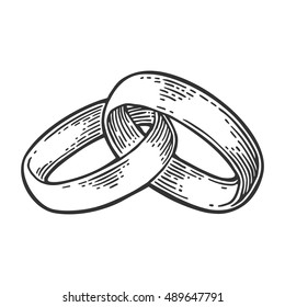 Wedding rings. Hand drawn in a graphic style. Vintage black vector engraving illustration for infographic, poster, web. Isolated on white background