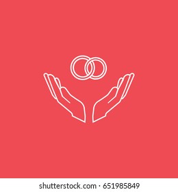 Wedding Rings In Hands Line Icon On Red Background