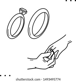  Wedding rings and hands, put a ring on a finger. Icon in outline style