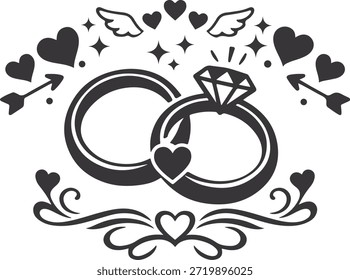 Hochzeitsringe Herz Emblem Vektor mit Diamant Verlobungsring, umgeben von Herzen, Pfeilen, Flügeln und dekorativen Blüten. Sauberes schwarzes flaches Silhouettendesign einzeln auf weißem Hintergrund, perfekt für Hochzeitseinladungen, Valentinstag-Karten, Verlobungsankündigungen, Jubiläumsdesigns, Logos, Aufkleber und druckbare Grafiken.