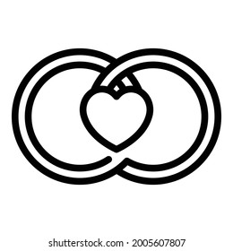 Wedding rings and heart icon. Outline wedding rings and heart vector icon for web design isolated on white background