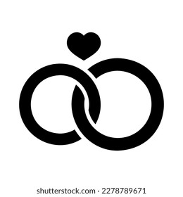 Wedding rings with a heart isolated glyph icon. Vector illustration, romance elements. Sticker, patch, badge, card for marriage, valentine