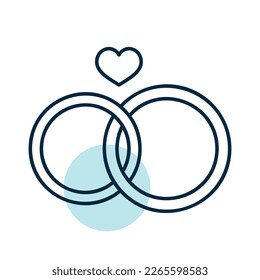 Wedding rings with a heart isolated icon. Vector illustration, romance elements. Sticker, patch, badge, card for marriage, valentine