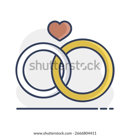 Wedding rings with a heart isolated icon. Vector illustration, romance elements. Sticker, patch, badge, card for marriage, valentine