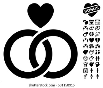 Wedding Rings With Heart pictograph with bonus romantic design elements. Vector illustration style is flat iconic black symbols on white background.