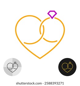 Wedding rings in heart shape. Vector linear icon with outline. Marriage rings with diamond and heart shaped line symbol. Editable stroke.
