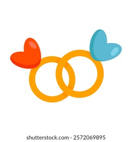 Wedding rings with hearts icon. Romantic symbol of love and marriage. Vector illustration isolated.