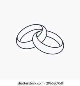 Wedding rings icon. Bride and groom jewelery sign. Linear outline icon on white background. Vector