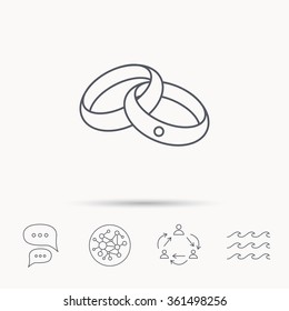 Wedding rings icon. Bride and groom jewelery sign. Global connect network, ocean wave and chat dialog icons. Teamwork symbol.