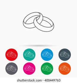 Wedding rings icon. Bride and groom jewelery sign. Linear icons in circles on white background.