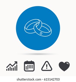 Wedding rings icon. Bride and groom jewelery sign. Calendar, attention sign and growth chart. Button with web icon. Vector