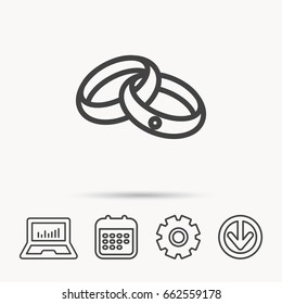 Wedding rings icon. Bride and groom jewelery sign. Notebook, Calendar and Cogwheel signs. Download arrow web icon. Vector