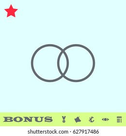 Wedding rings icon flat. Grey pictogram on blue background. Vector illustration symbol and bonus buttons medal, cow, earth, eye, calculator