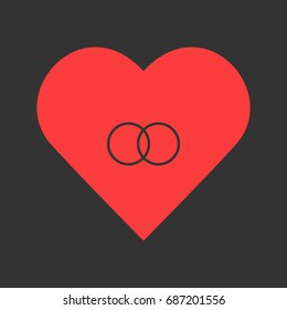 Wedding rings icon flat. Simple pictogram on heart background. Vector illustration symbol