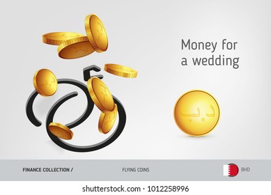 Wedding rings icon with flying Bahraini Dinar coins, finance concept. Vector illustration for print, websites, web design, mobile app, infographics.