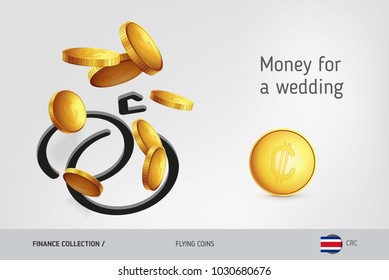 Wedding rings icon with flying Costa Rican Colon coins, finance concept. Vector illustration for print, websites, web design, mobile app, infographics.