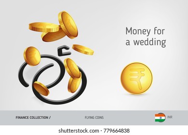 Wedding rings icon with flying Indian Rupee coins, finance concept. Vector illustration for print, websites, web design, mobile app, infographics.