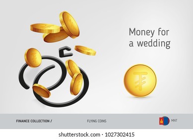 Wedding rings icon with flying Mongolian Tughrik coins, finance concept. Vector illustration for print, websites, web design, mobile app, infographics.