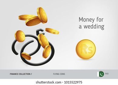 Wedding rings icon with flying Pakistani Rupee coins, finance concept. Vector illustration for print, websites, web design, mobile app, infographics.