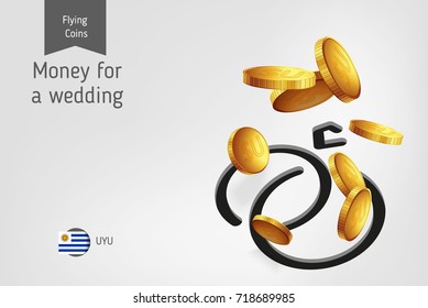 Wedding rings icon with flying Uruguayan Peso coins, finance concept. Vector illustration for print, websites, web design, mobile app, infographics.
