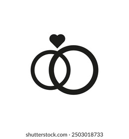 Wedding rings icon. Heart above rings. Black and white symbol. Simple vector illustration.