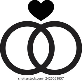 Wedding rings icon with heart . Engagement rings icon vector . Happy couple symbol