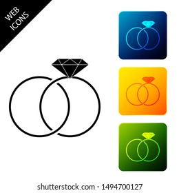Wedding rings icon isolated. Bride and groom jewelery sign. Marriage icon. Diamond ring icon. Set icons colorful square buttons. Vector Illustration