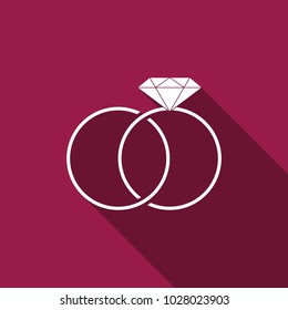 Wedding rings icon isolated with long shadow. Bride and groom jewelery sign. Marriage icon. Diamond ring icon. Flat design. Vector Illustration