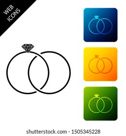 Wedding rings icon isolated on white background. Bride and groom jewelery sign. Marriage icon. Diamond ring. Set icons colorful square buttons. Vector Illustration