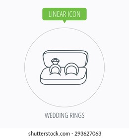 Wedding rings icon. Jewelry with diamond sign. Marriage symbol. Linear outline circle button. Vector