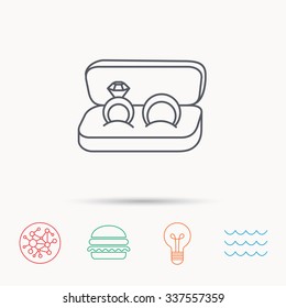 Wedding rings icon. Jewelry with diamond sign. Marriage symbol. Global connect network, ocean wave and burger icons. Lightbulb lamp symbol.