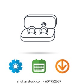 Wedding rings icon. Jewelry with diamond sign. Marriage symbol. Calendar, cogwheel and download arrow signs. Colored flat web icons. Vector
