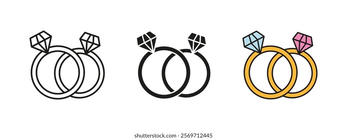 Wedding rings icon. Jewelry symbol. Pair of golden rings with brilliant and diamond gems vector illustration. Engagement ring jewellery sign. Couple marriage ceremony pictogram. Elegant or luxury ring