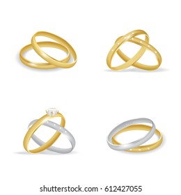 Wedding rings icon set isolated on white.Gold and silver metal,symbolizing marriage and valentine's day.For web site,catalog,magazine,brochure,ad and poster.Also useful for advertisement and marketing
