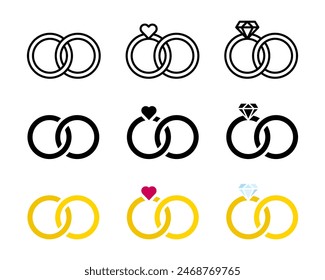 Wedding rings icon set. Marriage symbol. Engagement ceremony illustration isolated. Diamond jewelry with heart shaped gem. Pair of rings icon isolated.