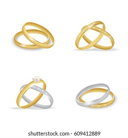 Wedding rings icon set.Gold and silver metal,symbolizing marriage and valentine's day.For web site,catalog,magazine,brochure,ads and poster.Also useful for advertisement,marketing and flyer