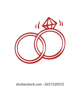Wedding rings icon vector. Wedding illustration sign. Two rings in red frosted outline. Vector illustration in doodle style.
