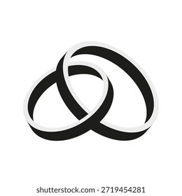 Anillos de boda entrelazados en blanco y negro, que simbolizan el amor eterno, la unidad y el compromiso con una elegante profundidad 3D.