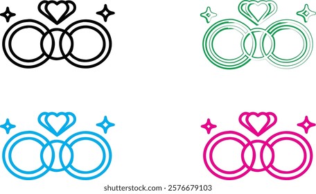 Wedding rings, interlocking circles, colorful icons, minimalist design, symbolic jewelry, commitment symbols, graphic illustration, clean lines, sparkle effect, romantic motif, vector art, flat design