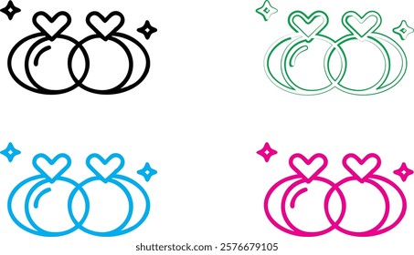 Wedding rings, interlocking circles, colorful icons, minimalist design, symbolic jewelry, commitment symbols, graphic illustration, clean lines, sparkle effect, romantic motif, vector art, flat design