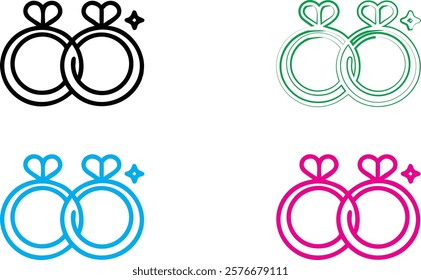 Wedding rings, interlocking circles, colorful icons, minimalist design, symbolic jewelry, commitment symbols, graphic illustration, clean lines, sparkle effect, romantic motif, vector art, flat design