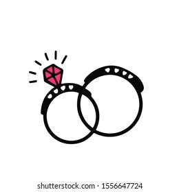 Wedding rings isolated on white background. Women's ring with a precious stone. Vector hand drawn doodle illustration. Valentine day symbol, sticker, print, widding design. Logo shop.