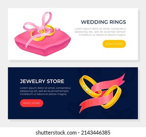 Wedding rings landing page template. Jewelry store online sale web banner, website interface vector illustration