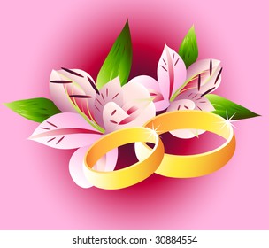 Wedding rings with lilies, vector
