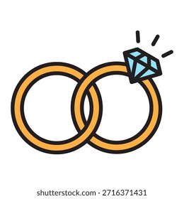 Icono de línea de anillos de boda con trazo editable y relleno de color, un anillo con diamante. Vector moderno limpio, perfecto para la boda, compromiso, diseños de amor, invitaciones, App, logotipos.