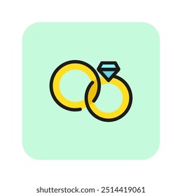 Wedding rings line icon. Two rings, brilliant, pair. Wedding concept. Vector illustration can be used for topics like marriage, merry, love, family