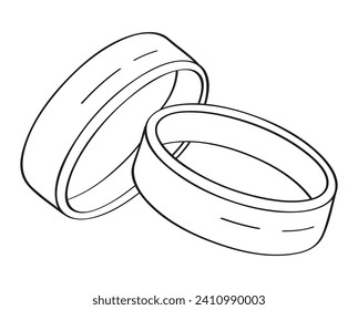 Wedding rings with linear, continuous style. Symbol of marriage. Wedding ceremony. Happy newlyweds exchange rings. Sign for wedding invitation.