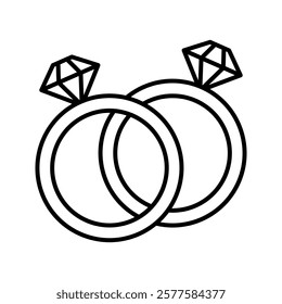 Wedding rings linear icon. Thin line illustration. Interlocked wedding ring with diamond contour symbol. Vector isolated outline drawing